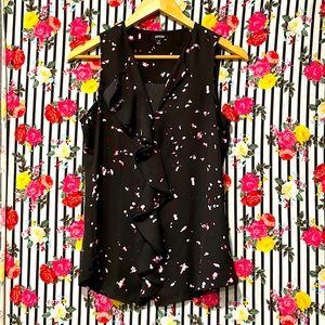 Fun black ruffle blouse with pink & white speckled pattern, women XS